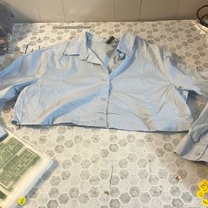 Divided Medium Blue Long Sleeve Cropped Button Up Collared Top